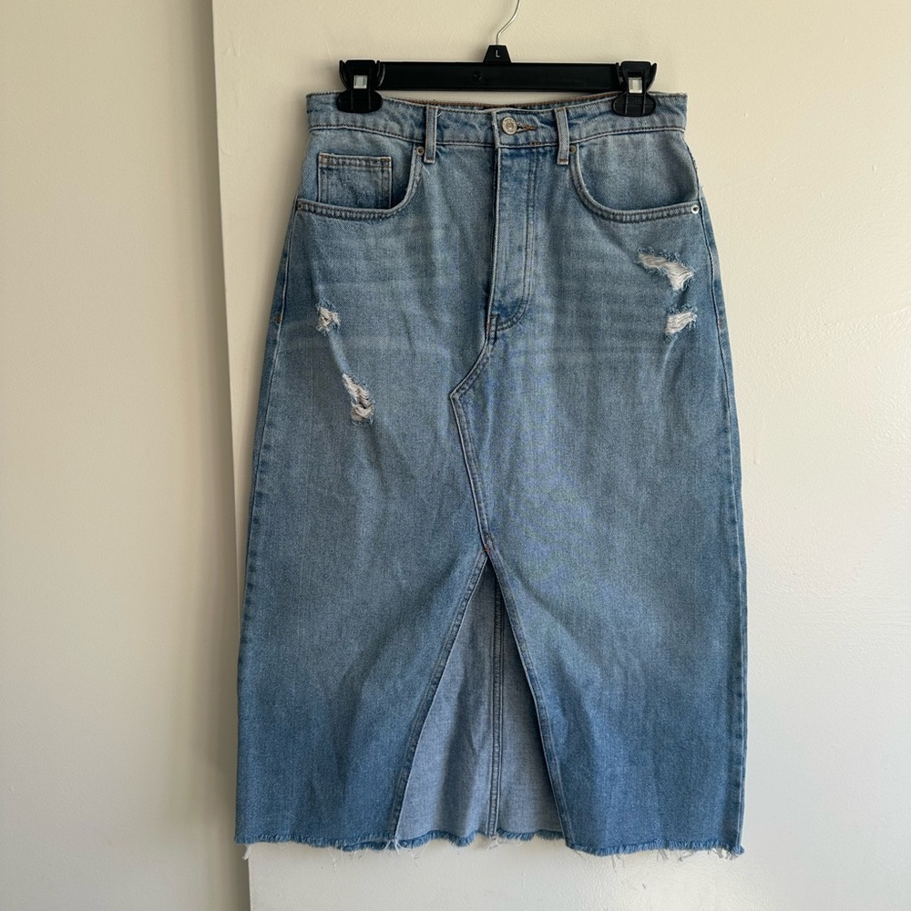 Forever 21 Light Blue Distressed Denim Midi Skirt
